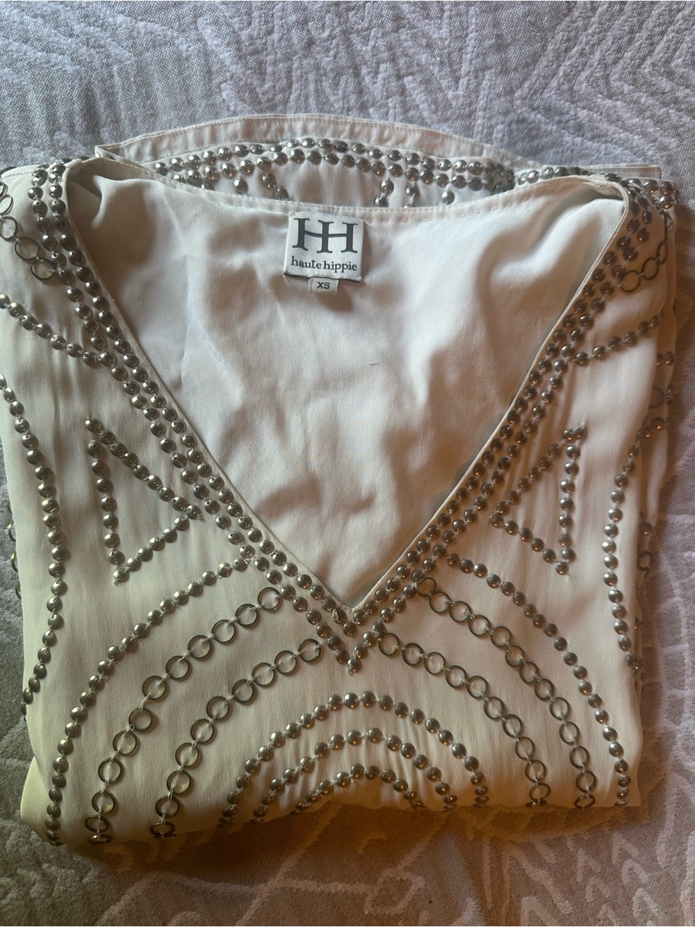 Haute Hippie Cream Beaded V-Neck Top with Silver Embellishments